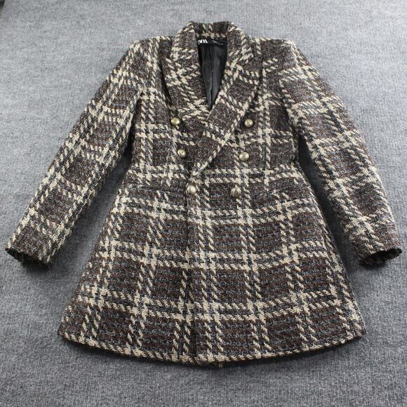 Zara Coat Womens Small Tweed Plaid Double Breasted Brown Gold Button Business - Picture 1 of 10